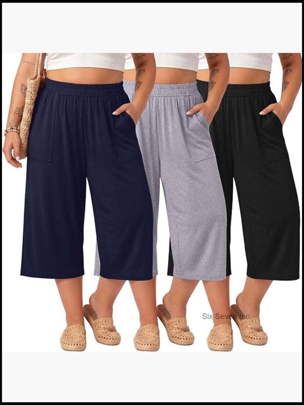 3 Pack Women Plus Size Capris Cotton Wide Leg Cropped Pants Casual Loose Fit